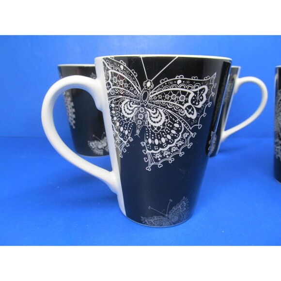 Roscher Butterfly Lace Collection Set Of 4 White On Black 4 1/2" Tall Cups Mugs - Picture 15 of 16